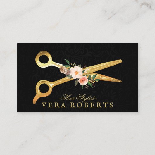 Hair Stylist Luxury Gold Scissors Black Damask Visitekaartje (Voorkant)