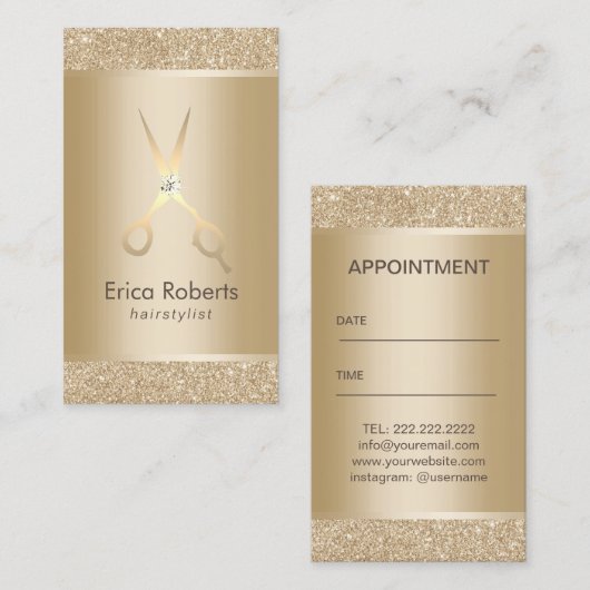 Hair Stylist Luxury Gold Sparkle Benoeming Afsprakenkaartje (Voorkant / Achterkant)