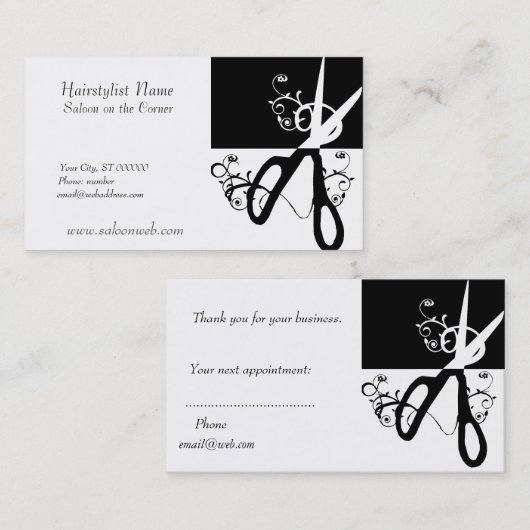 Hair Stylist Magic Swirls Black White Scissor Afsprakenkaartje (Voorkant / Achterkant)