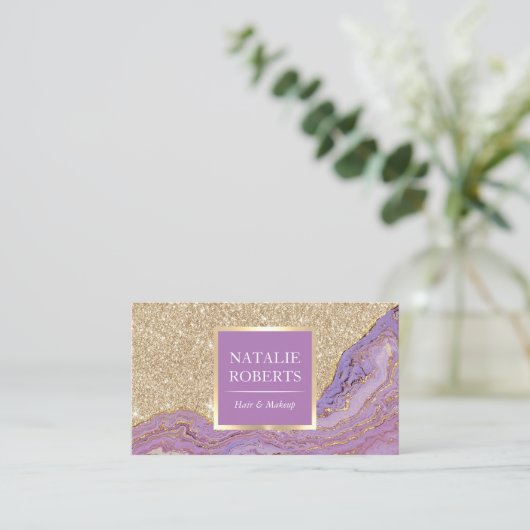 Hair Stylist Makeup Artist Trendy Gold en Paars Visitekaartje (Staand voorkant)