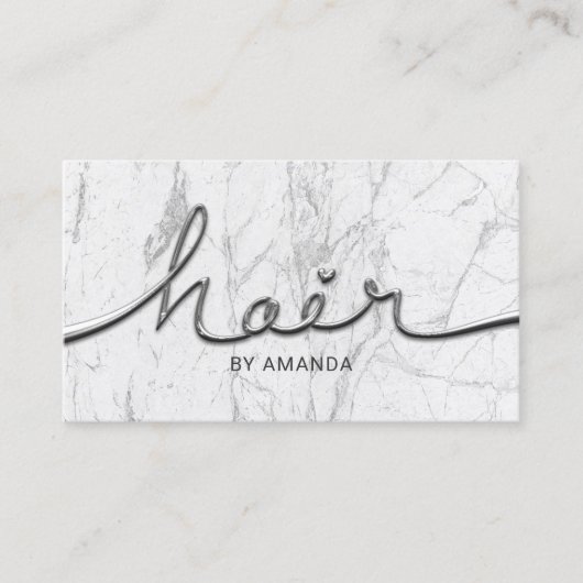 Hair Stylist Metal Script White Marble Hair Salon Visitekaartje (Voorkant)