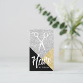 Hair Stylist Modern Black Gold en Silver Glitter Visitekaartje (Staand voorkant)