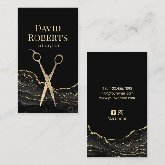 Hair Stylist Modern Black Gold Marble Hairdresser Visitekaartje (Voorkant / Achterkant)