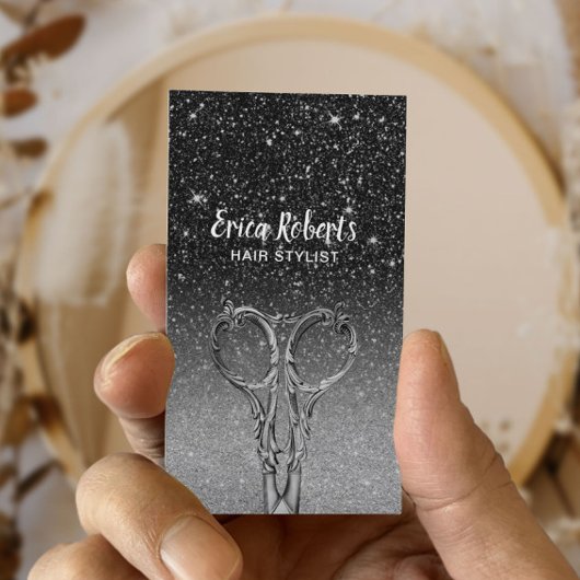 Hair Stylist Modern Black & Silver Glitter Salon Visitekaartje
