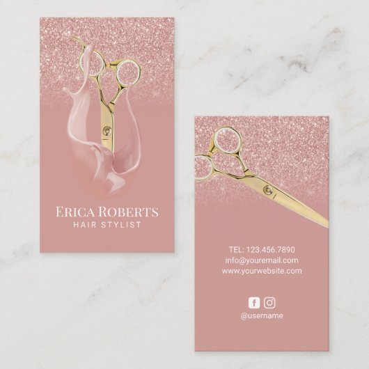 Hair Stylist Modern Glitter Roos Gold Splash Salon Visitekaartje (Voorkant / Achterkant)