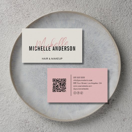 Hair Stylist Modern Neutral and Pink QR Code Visitekaartje