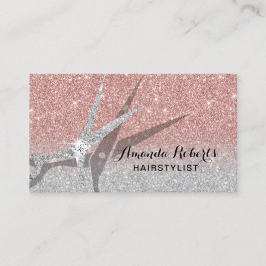 Hair Stylist Modern Roos Gold Silver Glitter Salon Visitekaartje (Voorkant)
