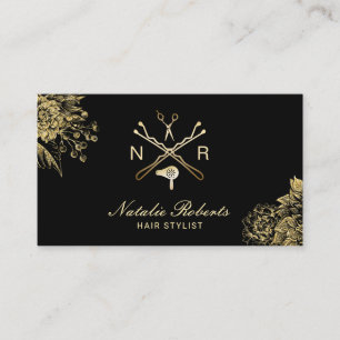 Hair Stylist Modern Salon Logo Black & Gold Floral Visitekaartje