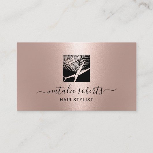 Hair Stylist Modern Scissor Logo Roos Gold Salon Visitekaartje (Voorkant)