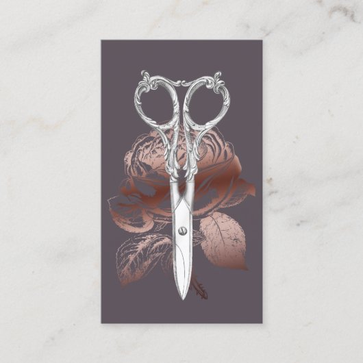 Hair Stylist Modern Scissor & Roos Floral Paars Visitekaartje (Voorkant)