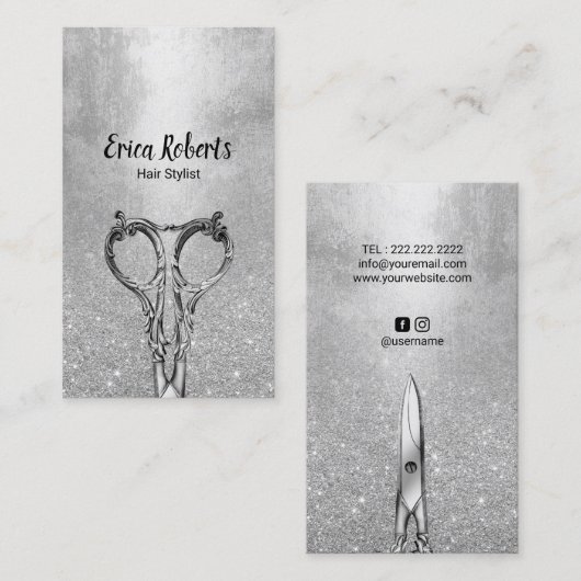 Hair Stylist Modern Silver Glitter Hair Salon Visitekaartje (Voorkant / Achterkant)