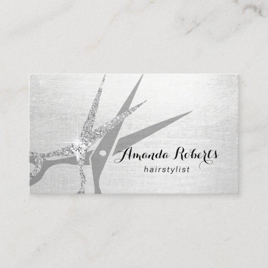Hair Stylist Modern Silver Glitter Scissor Salon Visitekaartje (Voorkant)
