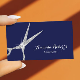 Hair Stylist Modern Silver Scissor Salon Navy Blue Visitekaartje