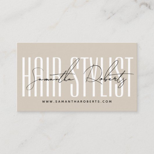 Hair stylist modern typografie script beige visitekaartje (Voorkant)