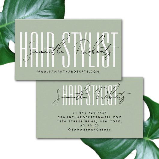 Hair stylist modern typografie script sage green visitekaartje