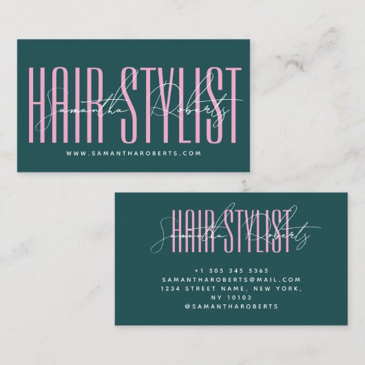 Hair stylist modern typography script green pink visitekaartje (Voorkant / Achterkant)