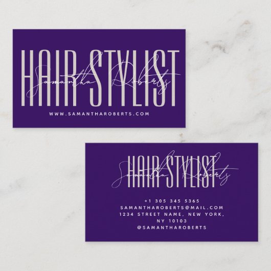 Hair stylist modern typography script purple visitekaartje (Voorkant / Achterkant)
