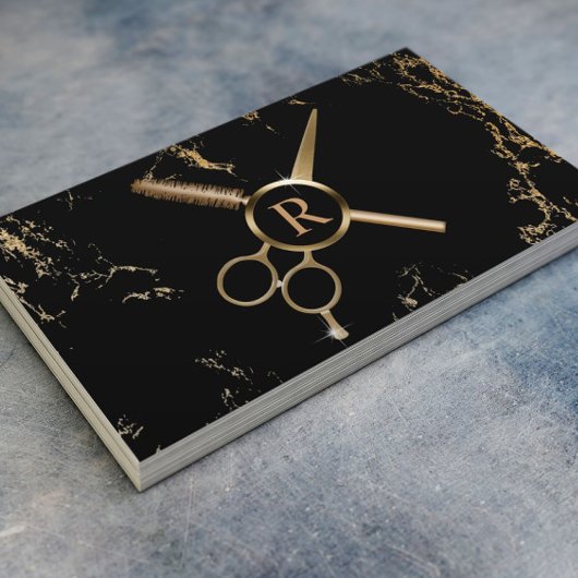 Hair Stylist Monogram Luxury Black & Gold Marble Visitekaartje