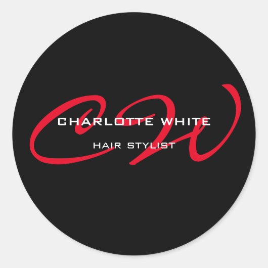 Hair Stylist Monogram Minimalist Modern Black Red Ronde Sticker (Voorkant)