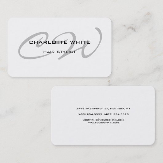 Hair Stylist Monogram Minimalist Modern White Visitekaartje (Voorkant / Achterkant)
