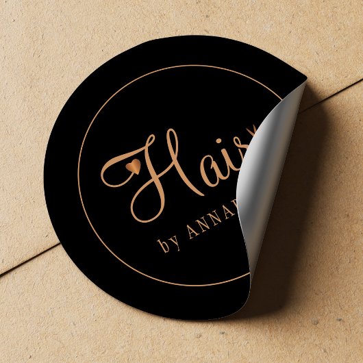 Hair stylist name gold copper elegant glam logo ronde sticker