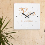 Hair stylist name gold copper elegant glam logo vierkante klok<br><div class="desc">Trendy modern glamorous elegant hairstylist / hairdresser name hair lounge wall clock with chic typography in white and vervalgold with scissors and a little heart.           Sitable for hairstyle Lounge,  beauty Lounge,  hairdresser,  professional hairstylist.                      Perfect Selectie for an elegant stylish sophisticated professional look.</div>