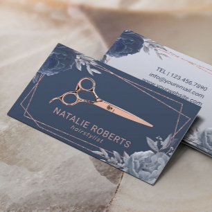 Hair Stylist Navy Floral Geometric Roos Gold Lijst Visitekaartje