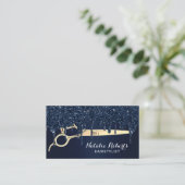 Hair Stylist Navy Glitter Drift Gold Scissor Salon Visitekaartje (Staand voorkant)