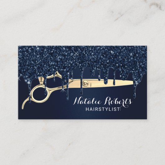 Hair Stylist Navy Glitter Drift Gold Scissor Salon Visitekaartje (Voorkant)