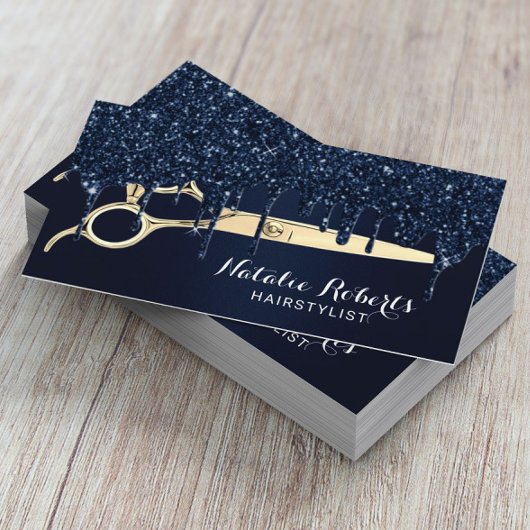 Hair Stylist Navy Glitter Drift Gold Scissor Salon Visitekaartje
