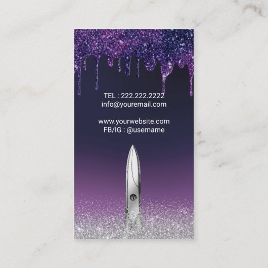 Hair Stylist Paarse Drivers Zilver Glitter Salon Visitekaartje (Achterkant)
