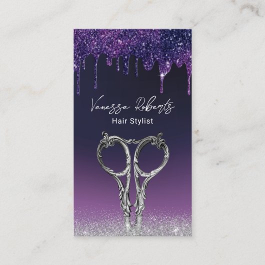 Hair Stylist Paarse Drivers Zilver Glitter Salon Visitekaartje (Voorkant)