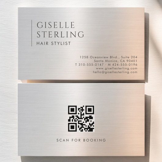 Hair Stylist QR Code Brushed Metal Visitekaartje