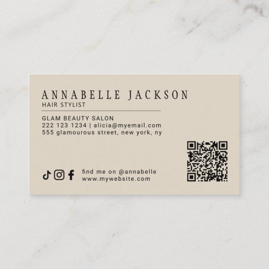 Hair stylist QR code modern script beige black Visitekaartje (Achterkant)