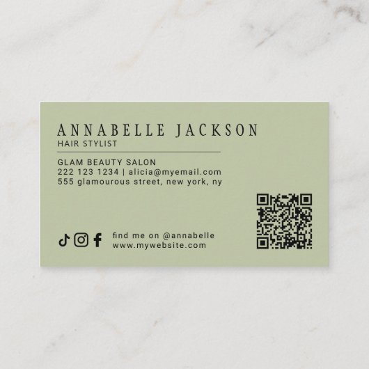 Hair stylist QR code modern script sage green Visitekaartje (Achterkant)