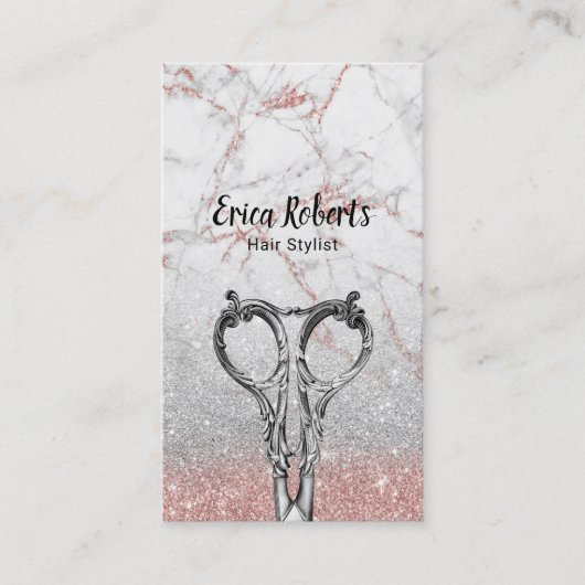 Hair Stylist Roos Gold Marble Silver Glitter Visitekaartje (Voorkant)