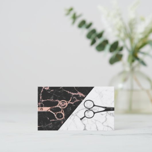 Hair Stylist Roos Gold Scissor Black White Marble Visitekaartje (Staand voorkant)
