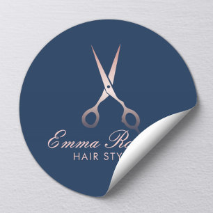 Hair Stylist Roos Gold Scissor Elegant Navy Blue Ronde Sticker
