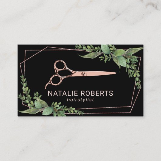 Hair Stylist Roos Gold Scissor Geometric Greenery Visitekaartje (Voorkant)