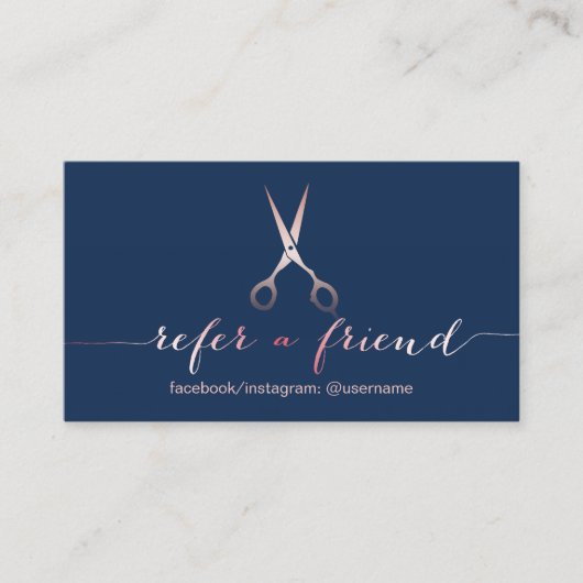 Hair Stylist Roos Gold Scissor Navy Blue Reference Aanbevelingskaartje (Voorkant)