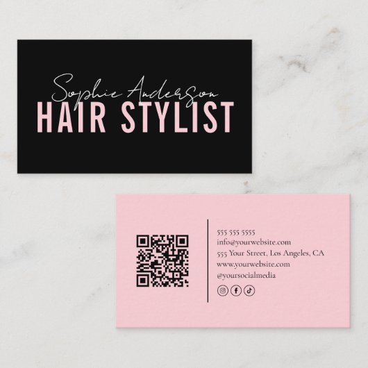 Hair Stylist Salon Black and Pink QR Code Visitekaartje (Voorkant / Achterkant)