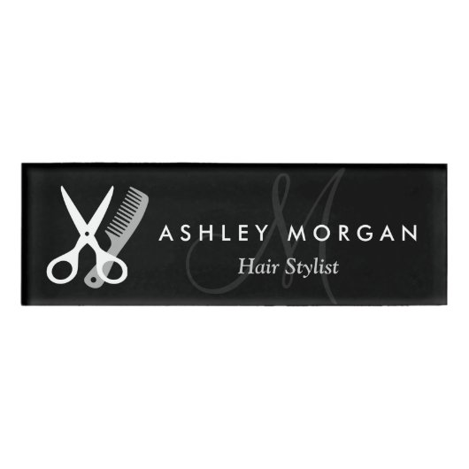 Hair Stylist Salon Black White Scissors Monogram Naambadge (Voorkant)