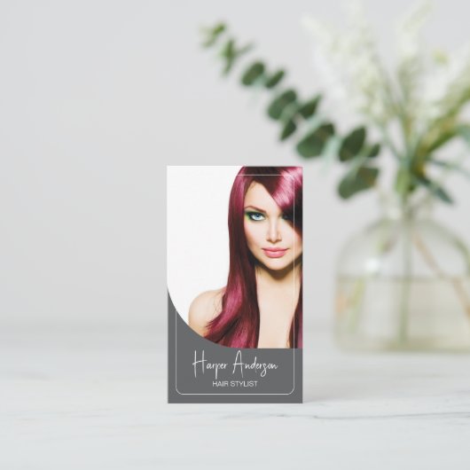 Hair Stylist Salon Custom Photo QR Gray Visitekaartje (Staand voorkant)