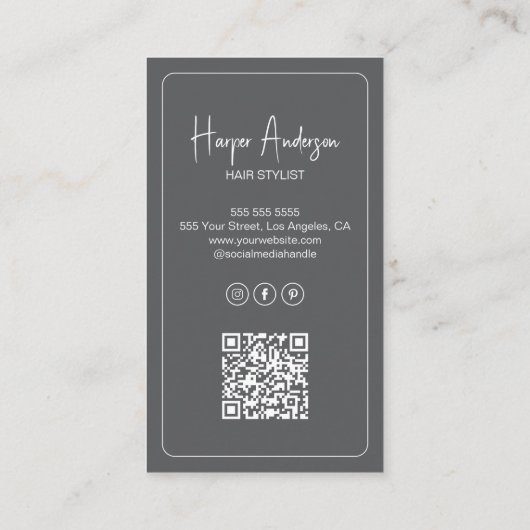 Hair Stylist Salon Custom Photo QR Gray Visitekaartje (Achterkant)