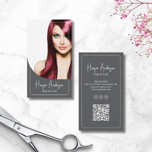 Hair Stylist Salon Custom Photo QR Gray Visitekaartje