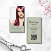 Hair Stylist Salon Custom Photo QR Sage Green Visitekaartje