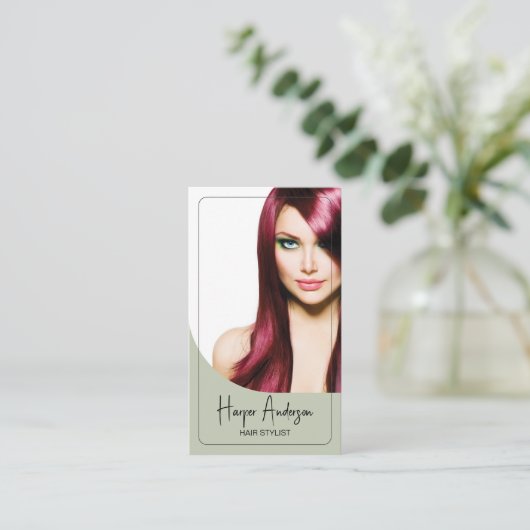 Hair Stylist Salon Custom Photo QR Sage Green Visitekaartje (Staand voorkant)