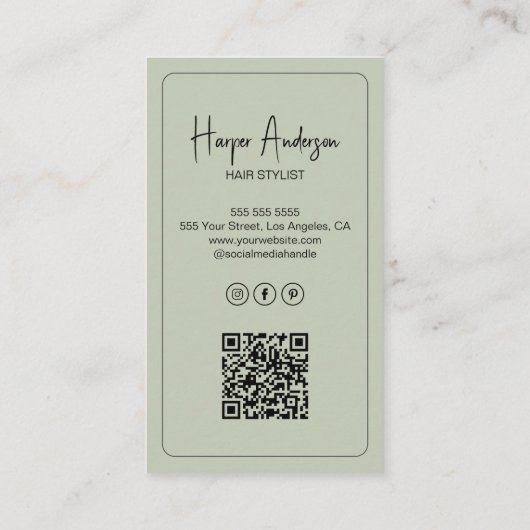 Hair Stylist Salon Custom Photo QR Sage Green Visitekaartje (Achterkant)