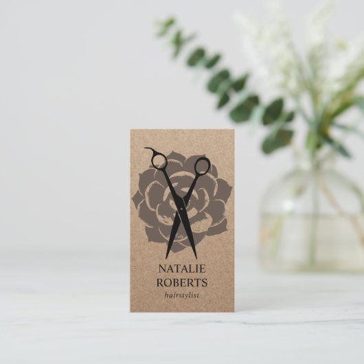 Hair Stylist Salon Flower & Scissor Rustic Kraft Visitekaartje (Staand voorkant)