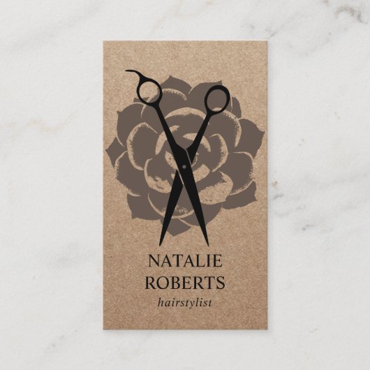 Hair Stylist Salon Flower & Scissor Rustic Kraft Visitekaartje (Voorkant)